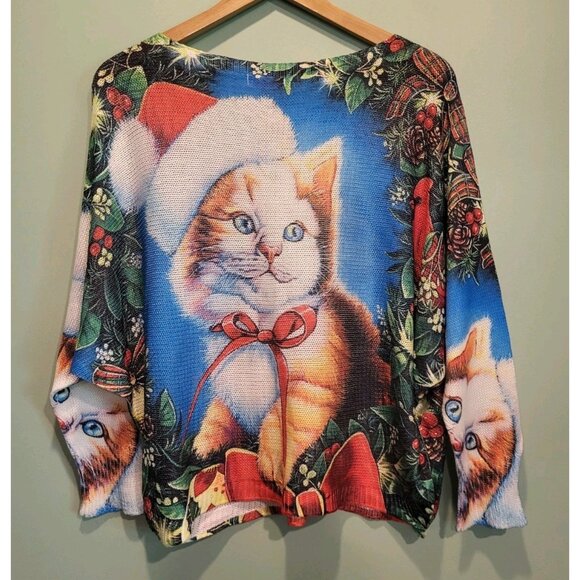 Christmas Cat Loose Knit Long Dolman Sleeve Sweater Yolly Italy Sz S/M - Picture 5 of 7